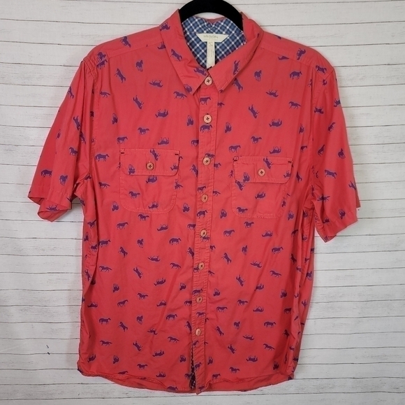MATILDA JANE CLOTHING W JOANNA GAINES RED BUTTON DOWN W BLUE HORSES, SZ LARGE - Picture 1 of 7